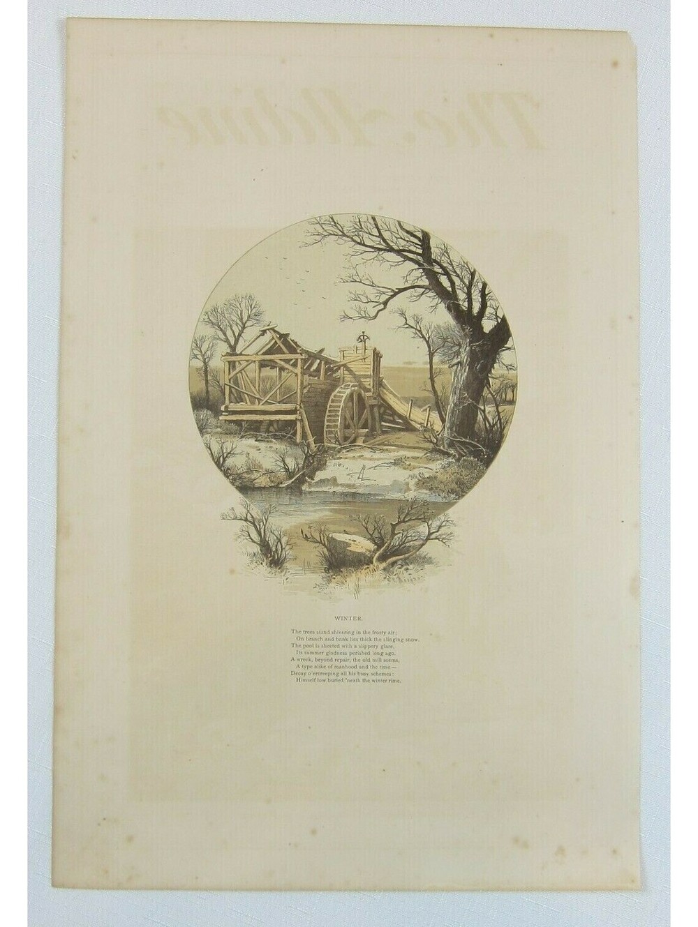 Antique 1870s Engraving Print from The Aldine Old Mill in Winter Scene & Poem
